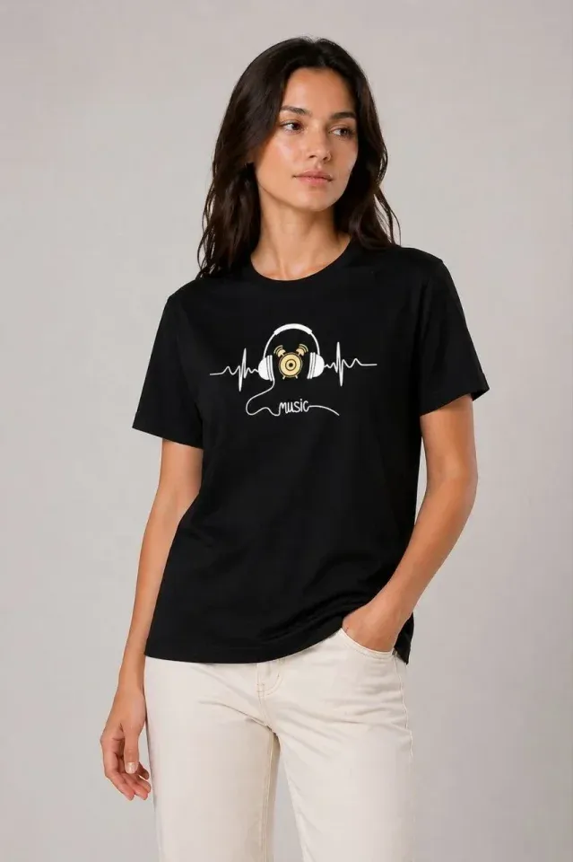 Müzik Temalı Baskılı Tişört Bisiklet Yaka Kısa Kol T-Shirt - Siyah