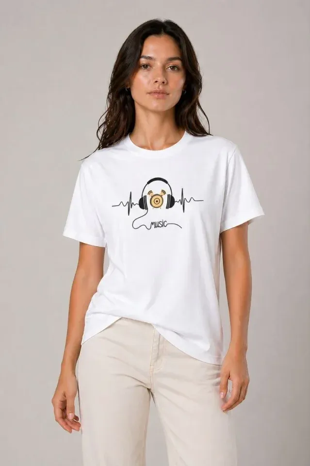 Müzik Temalı Baskılı Tişört Bisiklet Yaka Kısa Kol T-Shirt - Beyaz