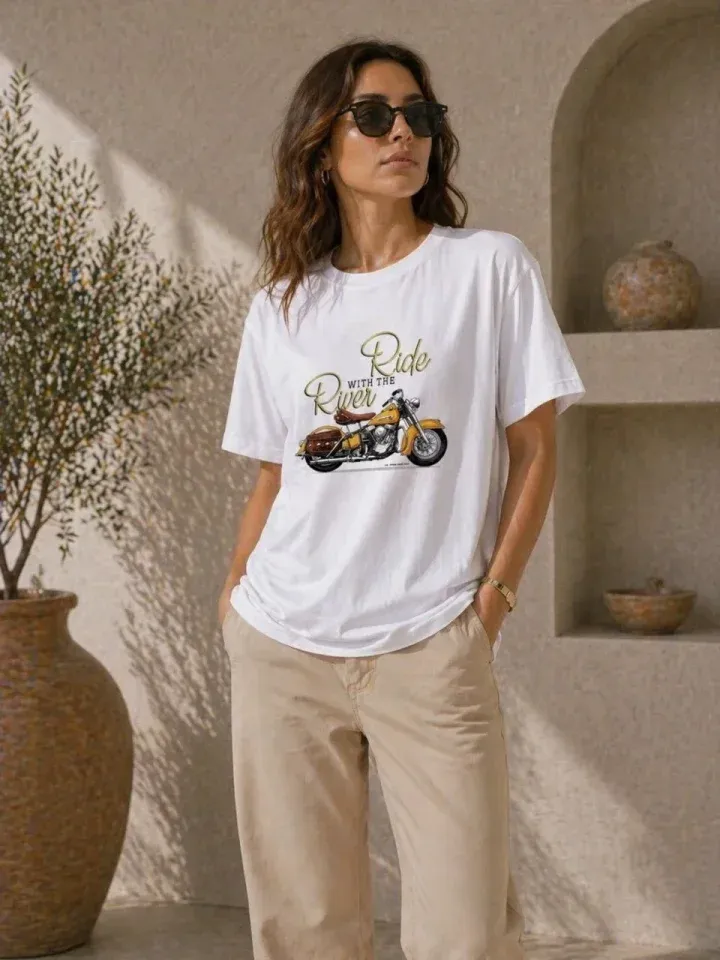 Motosiklet Baskılı Tişört Bisiklet Yaka Kısa Kol Yazlık T-Shirt - Beyaz