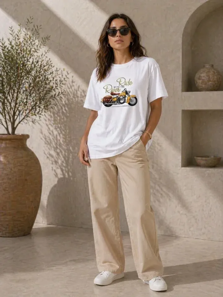 Motosiklet Baskılı Tişört Bisiklet Yaka Kısa Kol Yazlık T-Shirt - Beyaz