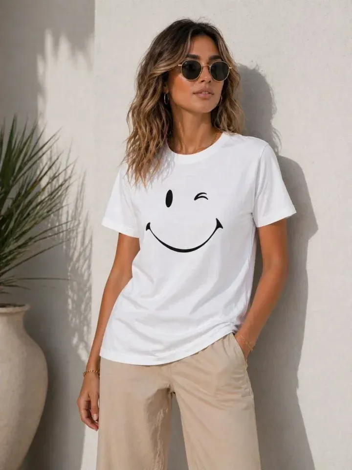 Minimal Gülümseyen Yüz Baskılı Tişört Kısa Kol Yazlık T-Shirt - Beyaz