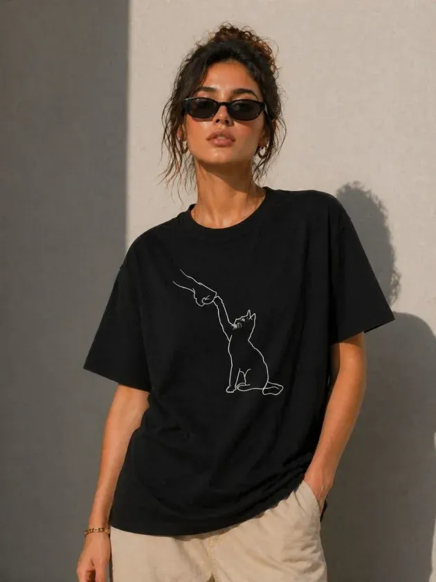 Minimal Kedi Çizim Baskılı Tişört Kısa Kol Yazlık T-Shirt - Siyah