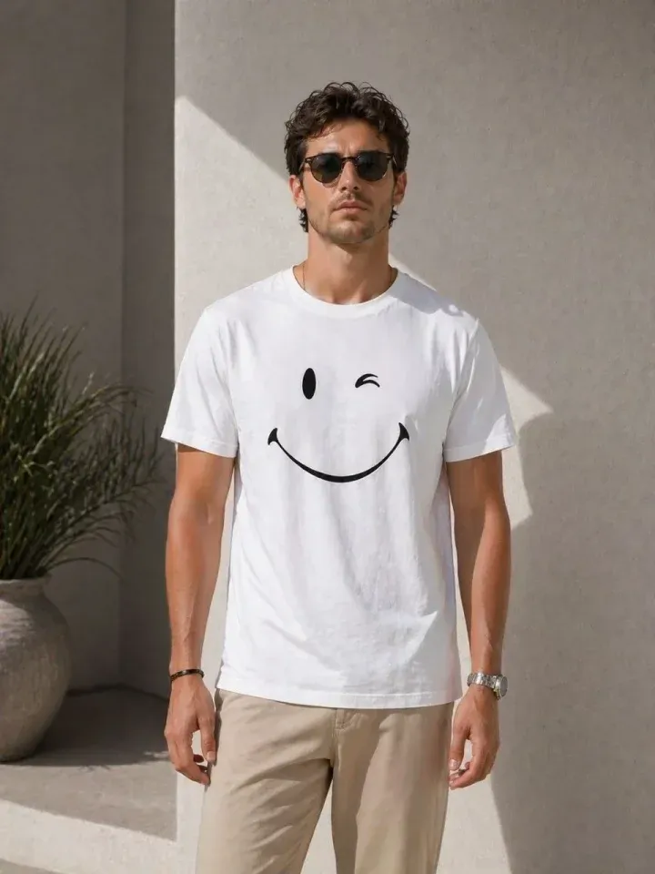 Erkek Minimal Gülümseyen Yüz Baskılı Tişört Kısa Kol Yazlık T-Shirt - Beyaz