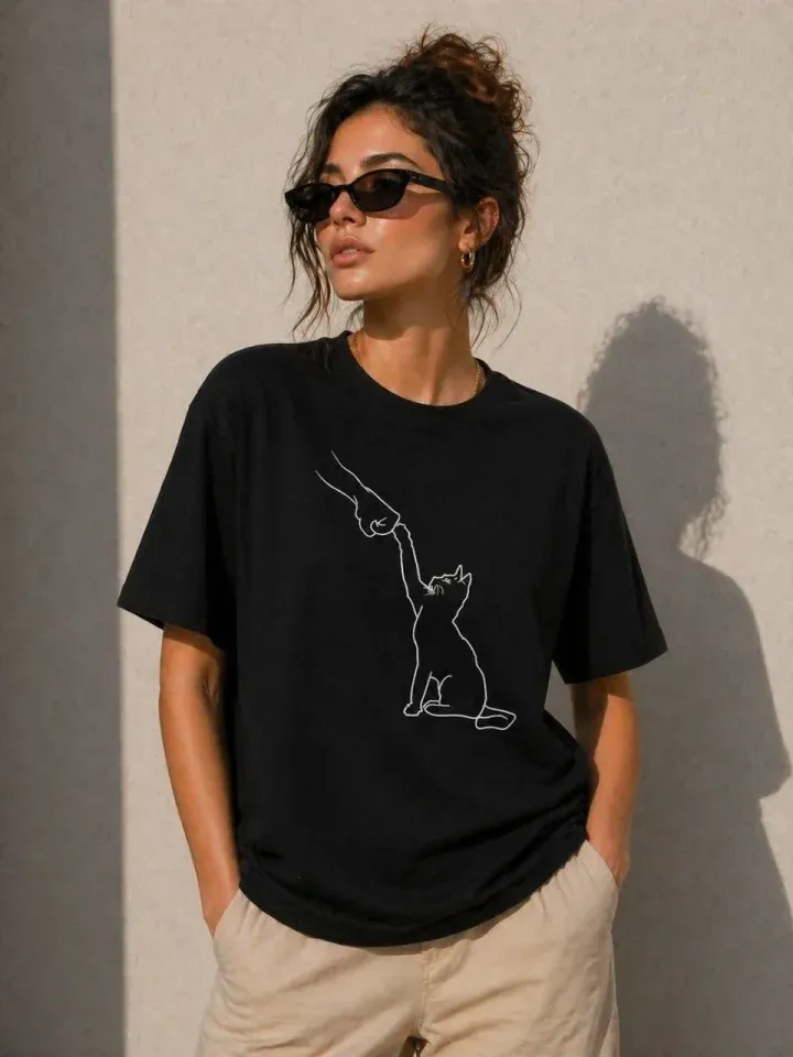 Minimal Kedi Çizim Baskılı Tişört Kısa Kol Yazlık T-Shirt - Siyah
