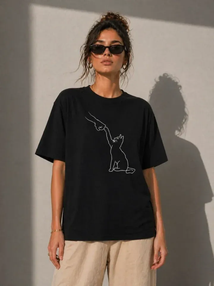 Minimal Kedi Çizim Baskılı Tişört Kısa Kol Yazlık T-Shirt - Siyah