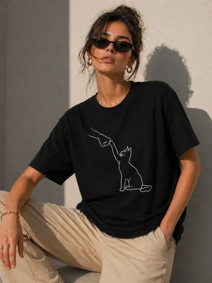 Minimal Kedi Çizim Baskılı Tişört Kısa Kol Yazlık T-Shirt - Siyah