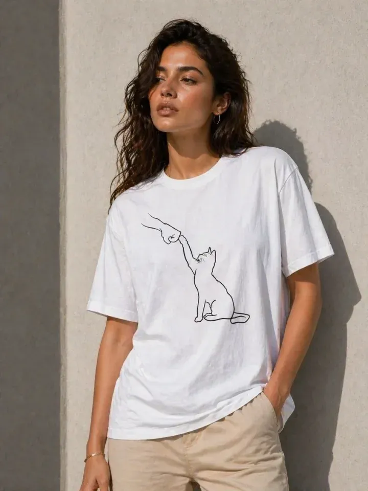 Minimal Kedi Çizim Baskılı Tişört Kısa Kol Yazlık T-Shirt - Beyaz
