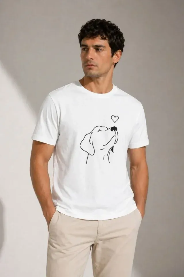 Erkek Köpek Figürlü Minimal Baskılı Tişört Kısa Kol Yazlık T-Shirt - Beyaz