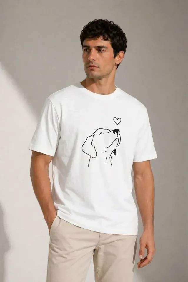 Erkek Köpek Figürlü Minimal Baskılı Tişört Kısa Kol Yazlık T-Shirt - Beyaz