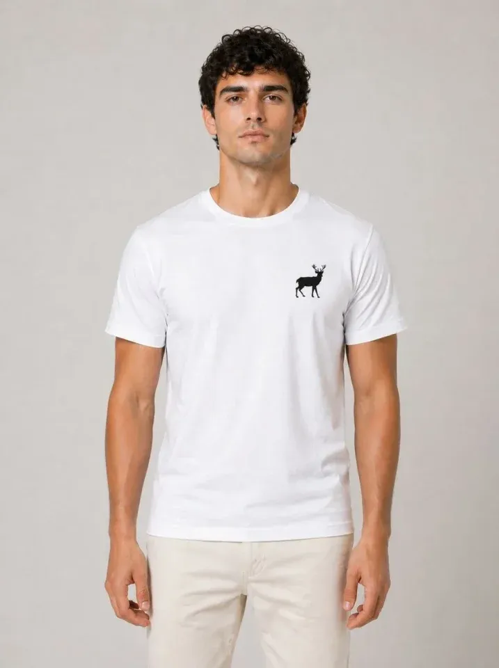 Erkek Minimal Geyik Logolu Tişört Bisiklet Yaka Kısa Kol Yazlık T-Shirt - Beyaz