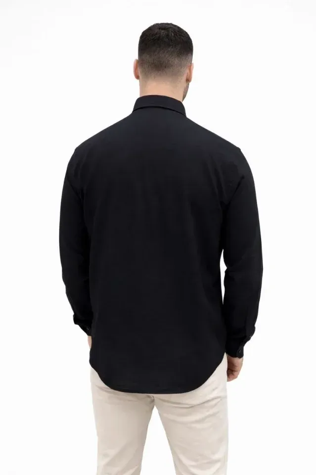 Erkek KETEN Kumaş Oversize Uzun Kollu Rahat Kalıp Gömlek - Siyah