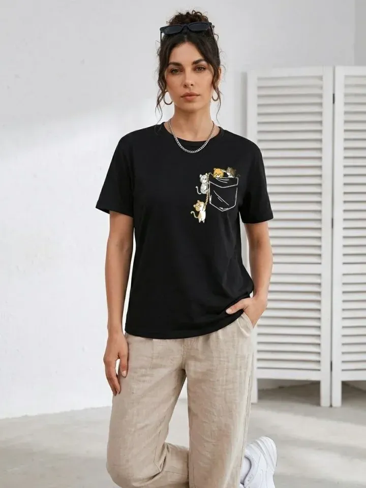 Sevimli Kedi Cep Baskılı Tişört Kısa Kol Yazlık T-Shirt - Siyah