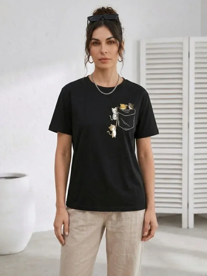 Sevimli Kedi Cep Baskılı Tişört Kısa Kol Yazlık T-Shirt - Siyah