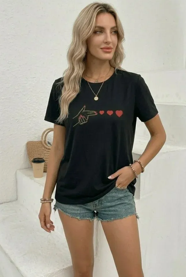 Minimal Kalp İşaret Baskılı Tişört Kısa Kol Yazlık T-Shirt - Siyah