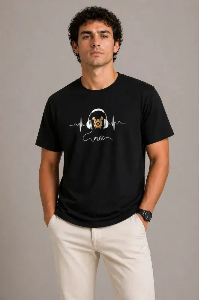 Erkek Müzik Temalı Baskılı Tişört Bisiklet Yaka Kısa Kol T-Shirt - Siyah