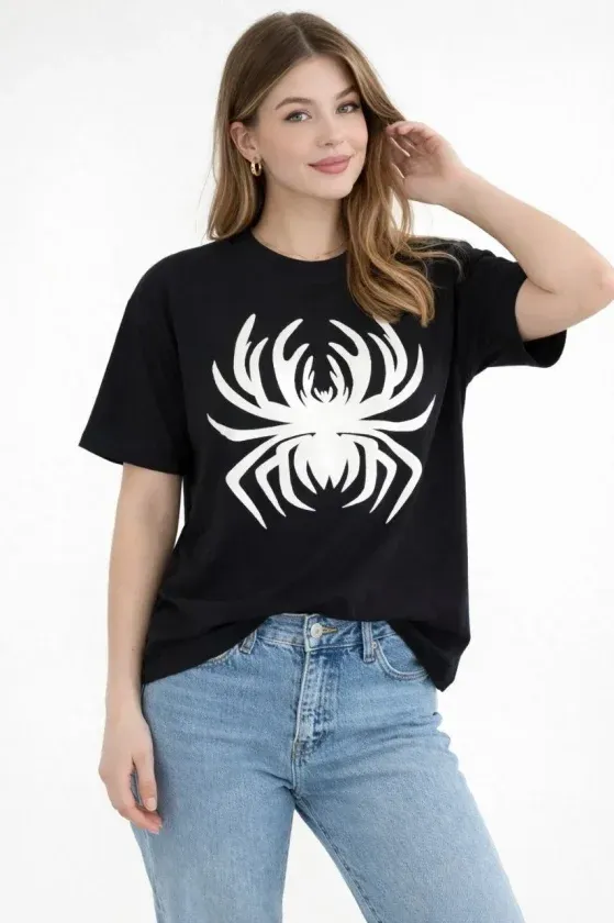 Örümcek Baskılı Tişört Kısa Kollu Bisiklet Yaka T-Shirt - Siyah