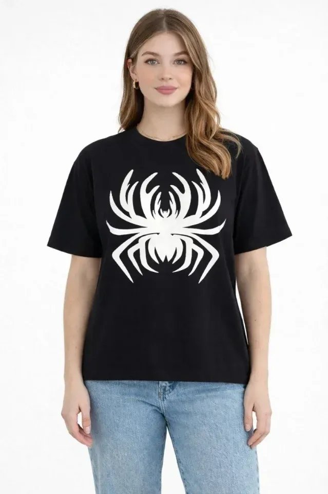 Örümcek Baskılı Tişört Kısa Kollu Bisiklet Yaka T-Shirt - Siyah
