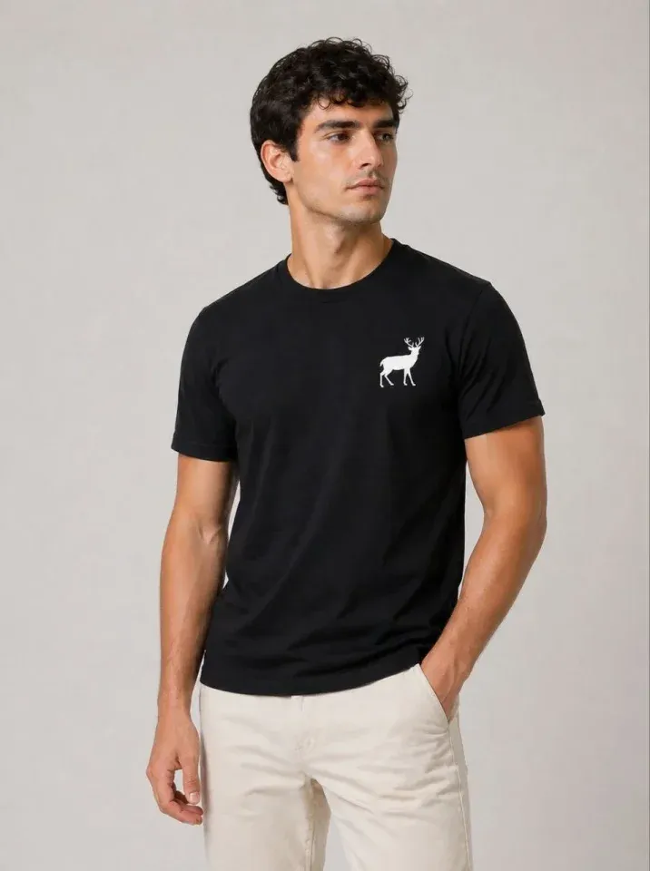 Erkek Minimal Geyik Logolu Tişört Bisiklet Yaka Kısa Kol Yazlık T-Shirt - Siyah