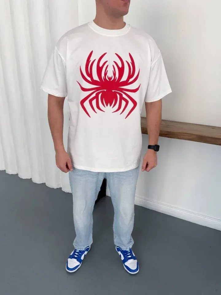 Erkek Örümcek Baskılı Tişört Kısa Kollu Bisiklet Yaka T-Shirt - Beyaz