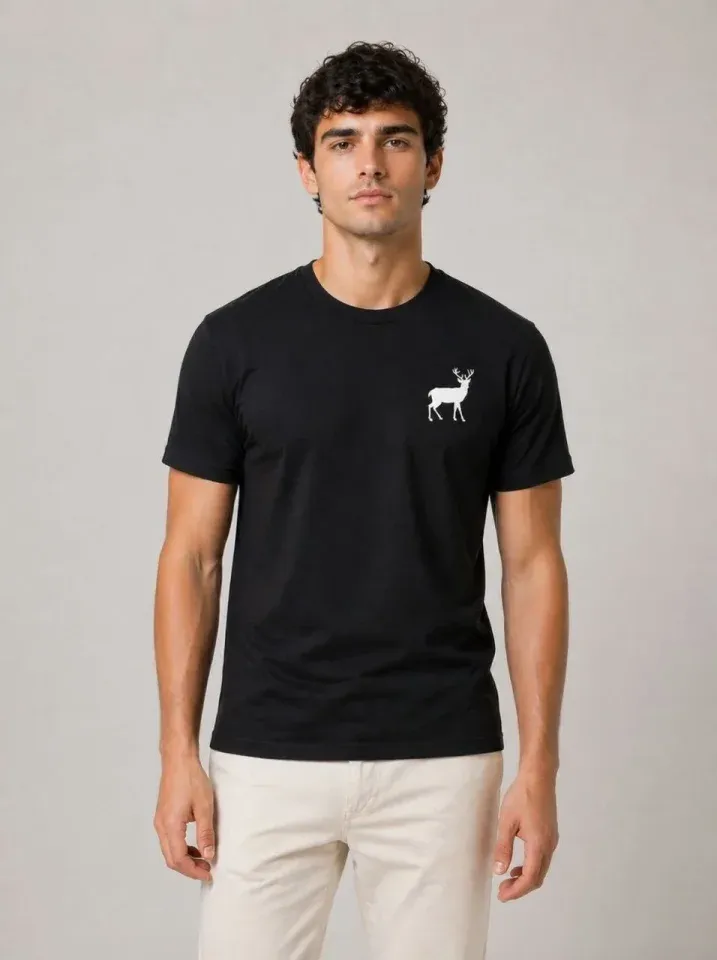Erkek Minimal Geyik Logolu Tişört Bisiklet Yaka Kısa Kol Yazlık T-Shirt - Siyah