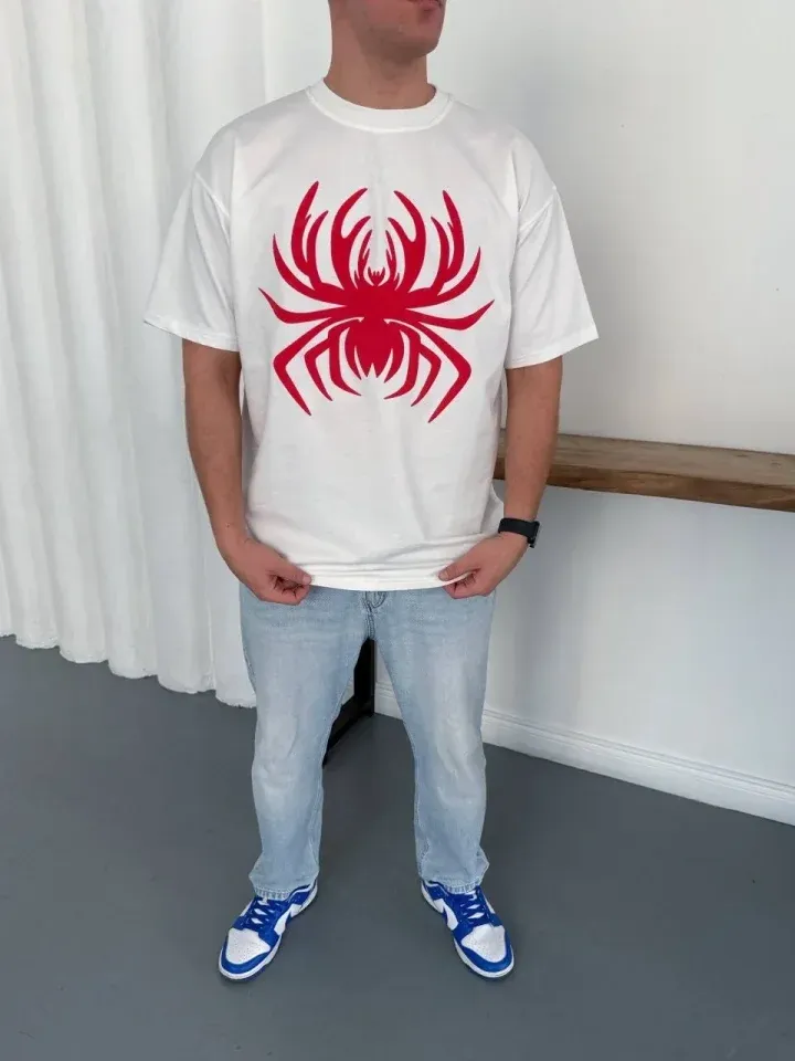 Erkek Örümcek Baskılı Tişört Kısa Kollu Bisiklet Yaka T-Shirt - Beyaz