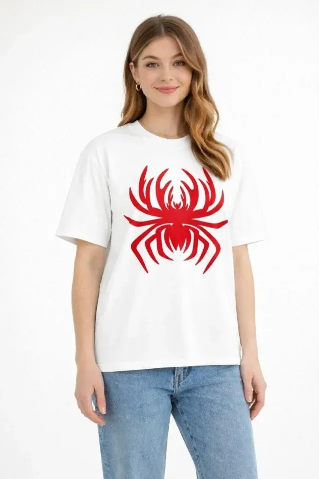 Örümcek Baskılı Tişört Kısa Kollu Bisiklet Yaka T-Shirt - Beyaz