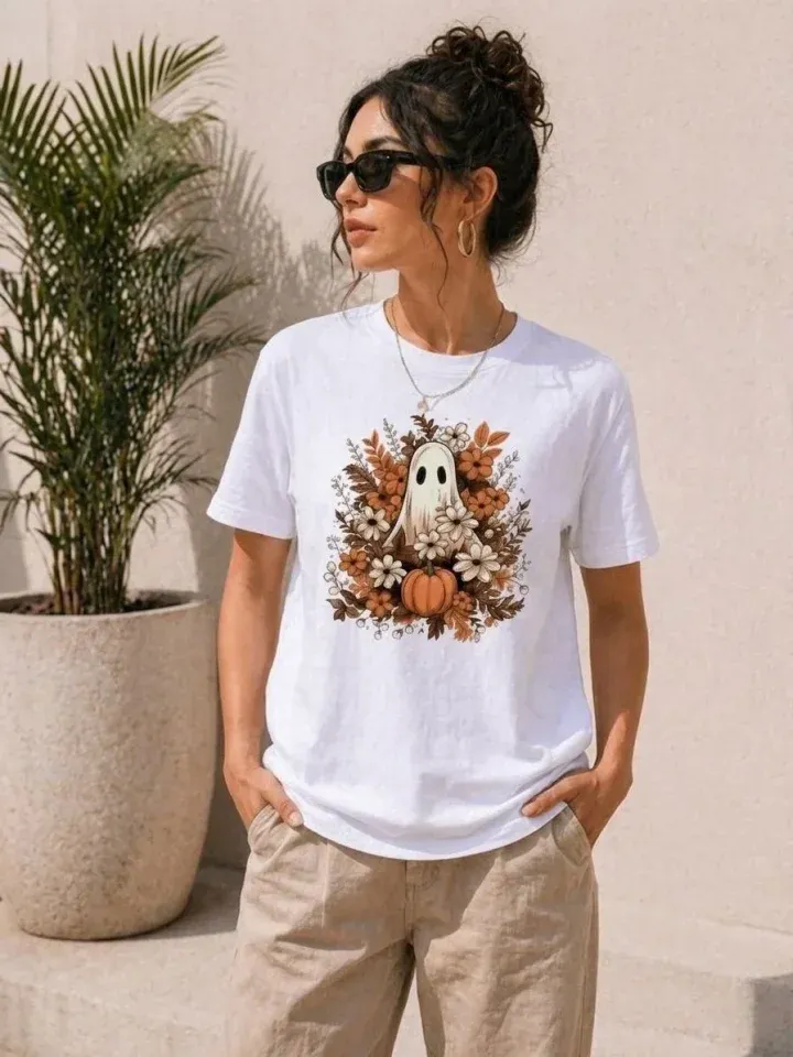 Balkabağı Hayalet Baskılı Tişört Kısa Kol Yazlık T-Shirt - Beyaz