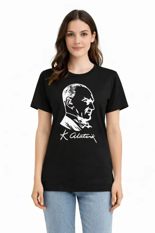 Atatürk Baskılı Tişört Kısa Kollu Bisiklet Yaka T-Shirt - Siyah