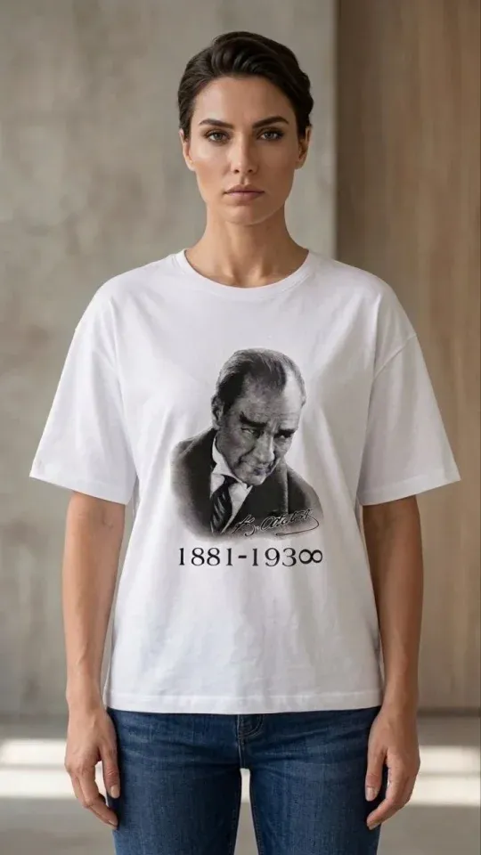 Atatürk Baskılı Tişört Kısa Kollu Bisiklet Yaka T-Shirt - Beyaz
