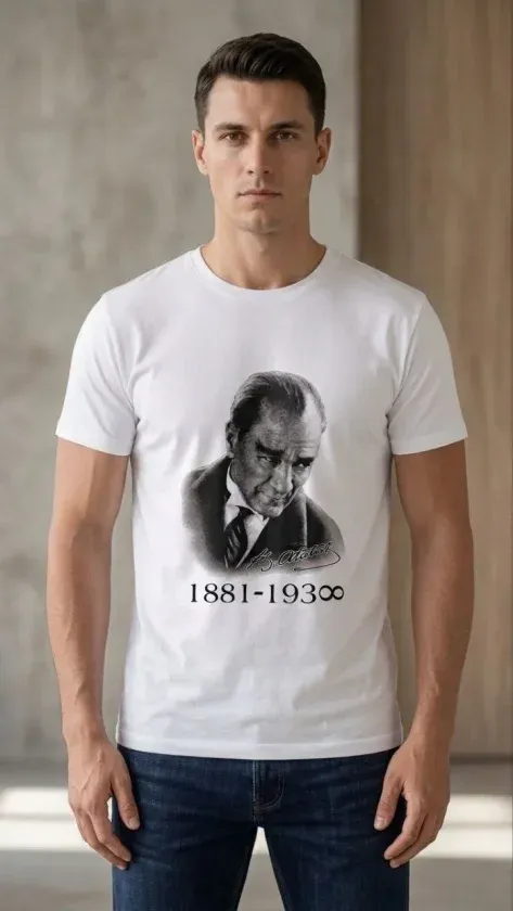 Erkek Atatürk Baskılı Tişört Kısa Kollu Bisiklet Yaka  T-Shirt - Beyaz