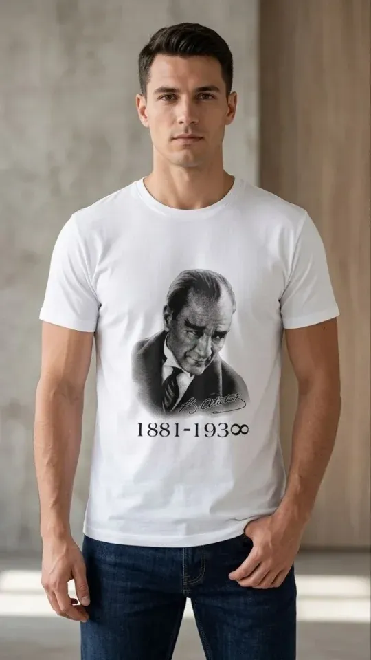 Erkek Atatürk Baskılı Tişört Kısa Kollu Bisiklet Yaka  T-Shirt - Beyaz