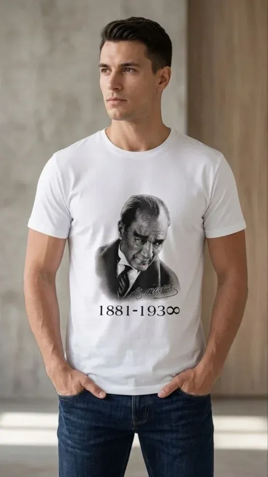Erkek Atatürk Baskılı Tişört Kısa Kollu Bisiklet Yaka  T-Shirt - Beyaz