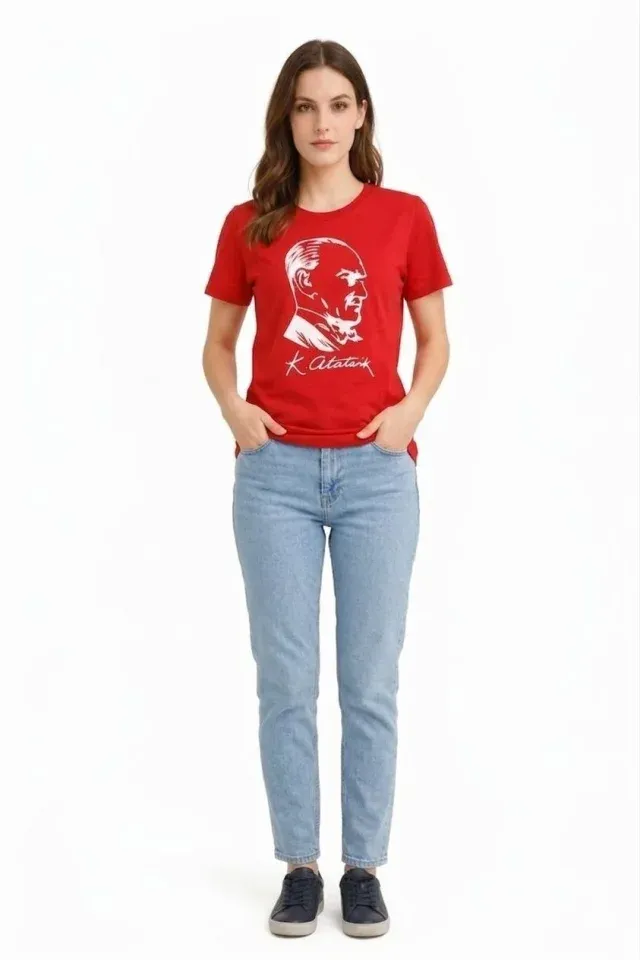Atatürk Baskılı Tişört Kısa Kollu Bisiklet Yaka  T-Shirt - Kırmızı