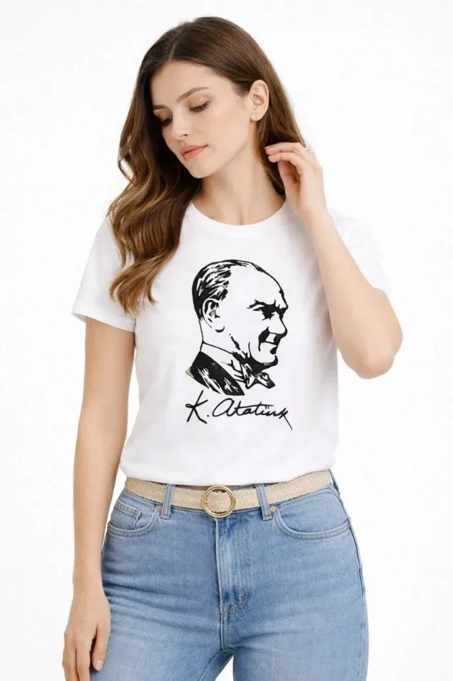 Atatürk Baskılı Tişört Kısa Kollu Bisiklet Yaka T-Shirt - Beyaz
