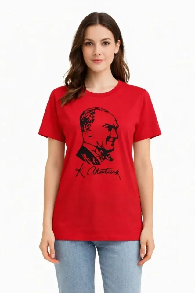 Atatürk Baskılı Tişört Kısa Kollu Bisiklet Yaka  T-Shirt - Kırmızı