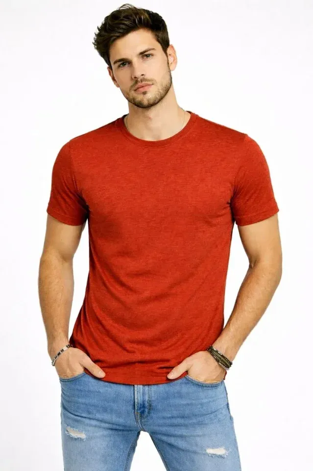 Erkek Flam Kumaş Melanj Dokulu Regular Fit Tişört Bisiklet Yaka Yazlık T-Shirt - Kiremit