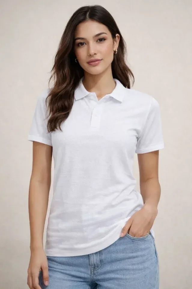 Polo Yaka Pike Kumaş Düğmeli Basic Tişört T-Shirt Günlük Rahat - Beyaz