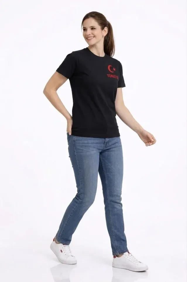 TÜRKİYE Ay Yıldız Baskılı Taraftar Forma T-Shirt - Siyah