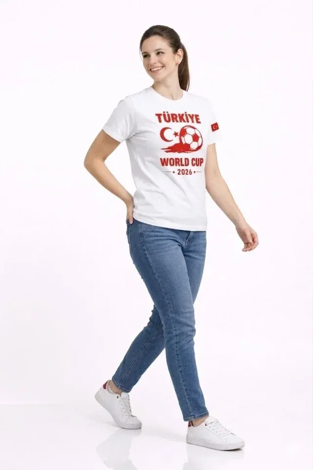 Türkiye World Cup 2026 Baskılı Tişört Futbol Temalı Forma T-Shirt - Beyaz