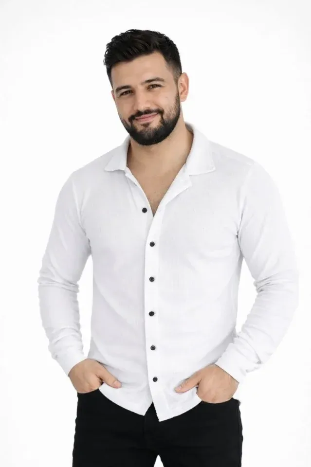 Erkek Waffle Kumaş Uzun Kollu Düğmeli Açık Yaka Regular Fit Gömlek - Beyaz