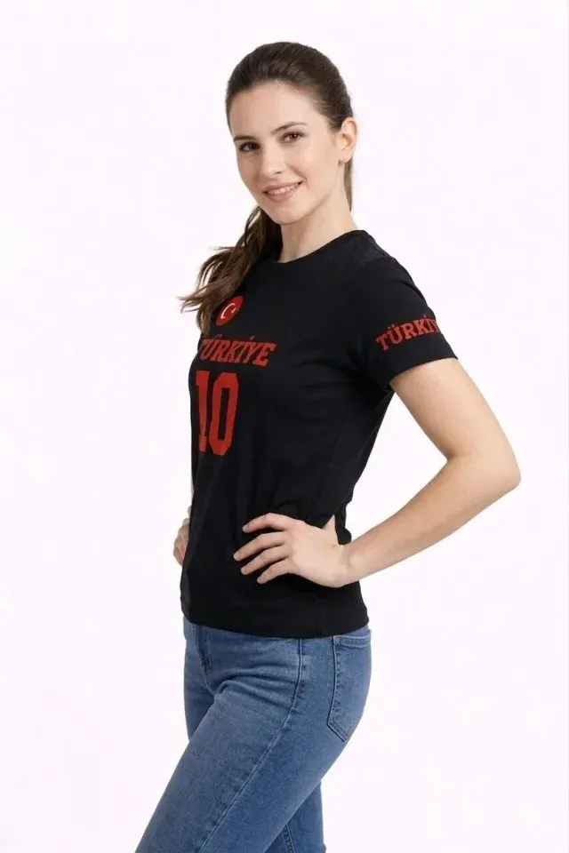 TÜRKİYE Ay Yıldız Baskılı 10 Numara Forma Tişört Taraftar T-Shirt - Siyah