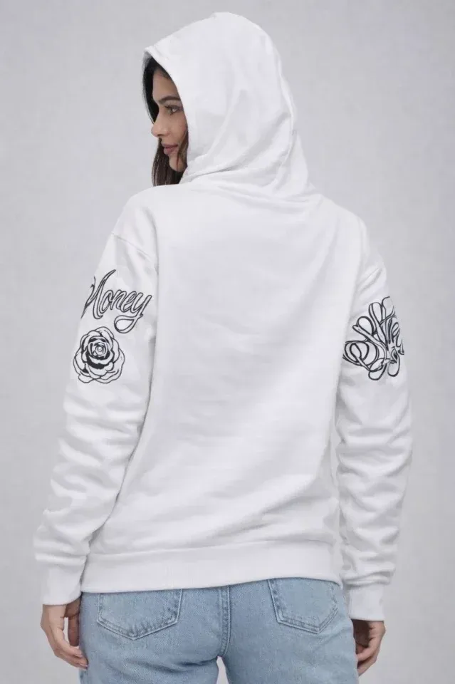 3 İplik Pamuklu Kapüşonlu Baskılı SweatShirt Hoodie - Beyaz