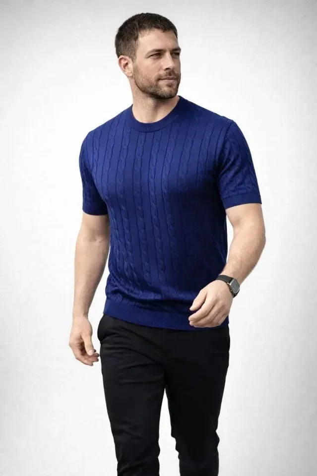 Erkek Yazlık Triko Dokuma Tişört Kısa Kol Bisiklet Yaka Örgü Desenli T-Shirt - Lacivert