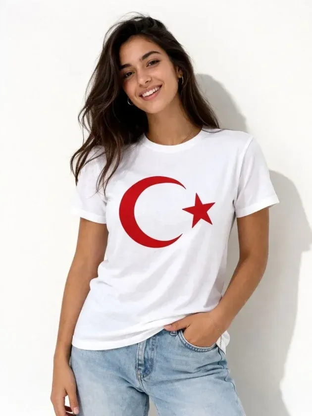 T-Shirt Kısa Kol Bisiklet Yaka Ay Yıldız Bayrak Baskılı Tişört - Beyaz