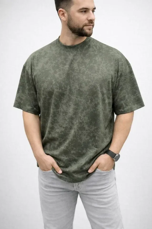 Erkek Premium Tişört OSY Yumuşak Dokulu Yıkamalı Oversize T-Shirt - Haki