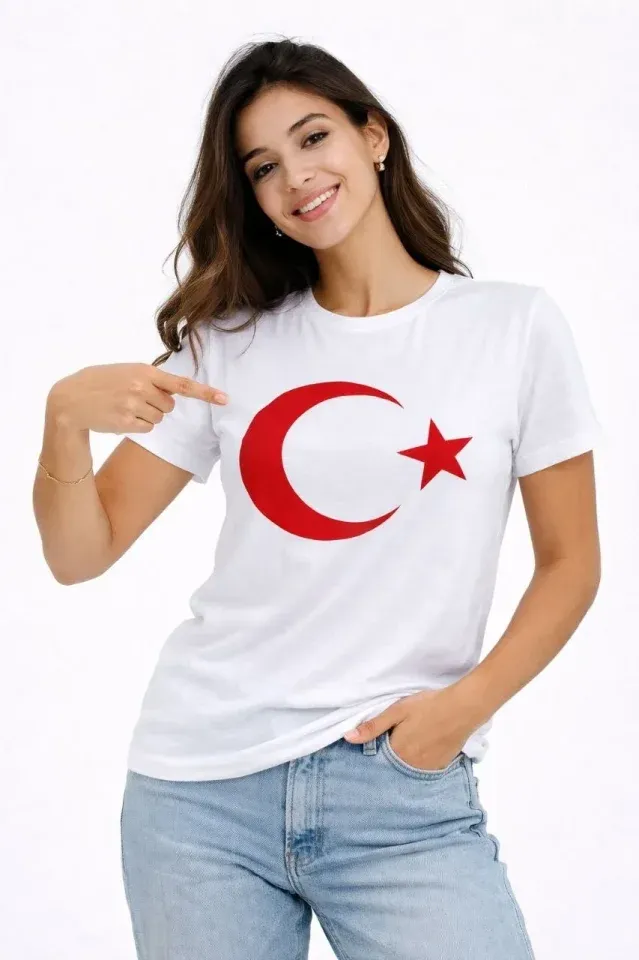 T-Shirt Kısa Kol Bisiklet Yaka Ay Yıldız Bayrak Baskılı Tişört - Beyaz