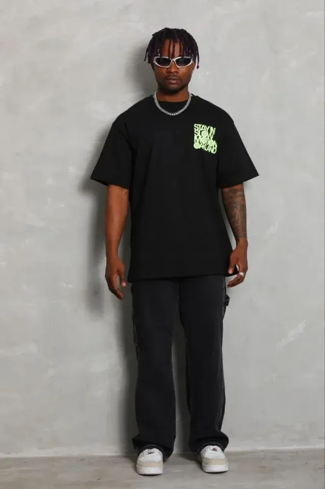 Erkek Baskılı T-Shirt Kısa Kol Bisiklet Yaka Regular Fit Rahat Kalıp Günlük Tişört - Siyah