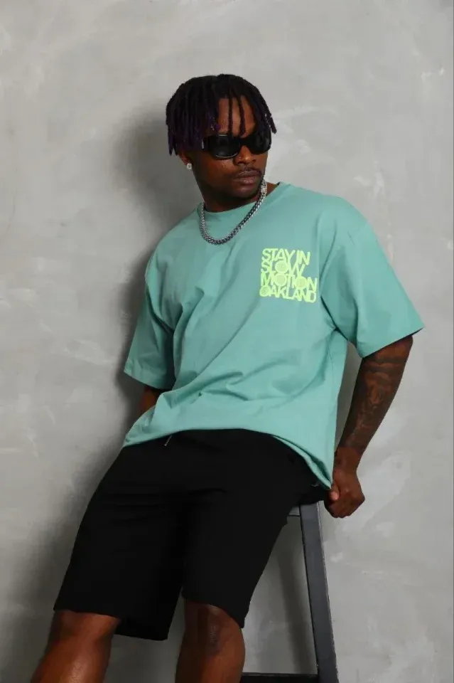 Erkek Baskılı T-Shirt Kısa Kol Bisiklet Yaka Regular Fit Rahat Kalıp Günlük Tişört - Mint Yeşili