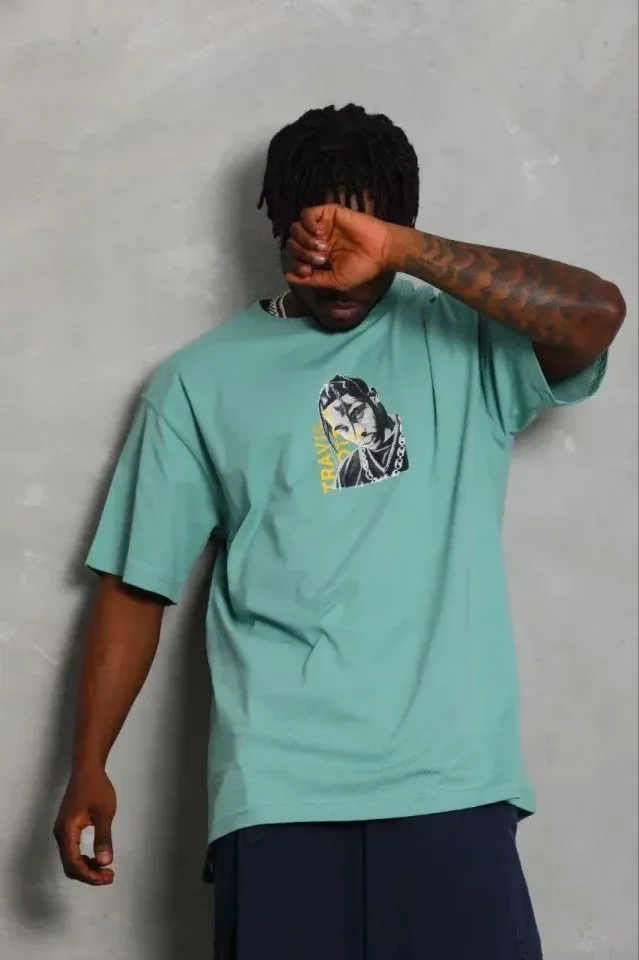 Erkek Baskılı T-Shirt Kısa Kol Bisiklet Yaka Regular Fit Rahat Kalıp Günlük Tişört - Mint Yeşili