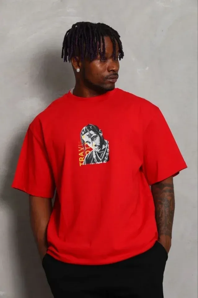Erkek Baskılı T-Shirt Kısa Kol Bisiklet Yaka Regular Fit Rahat Kalıp Günlük Tişört - Kırmızı